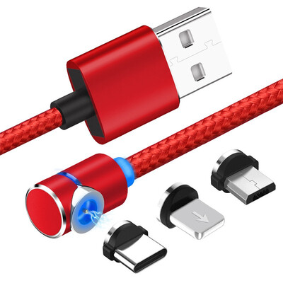 

90 Degree 3 in 1 Led Cable Magnetic Charging Cable for iPhone X 8 7 6 Plus  Nylon Micro USB Cable USB Type-C USB C Cable