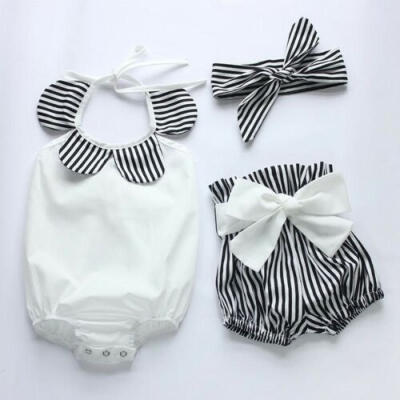 

US Newborn Kids Baby Girl Clothes TopsStriped Shorts3pcs Outfits Set Clothes