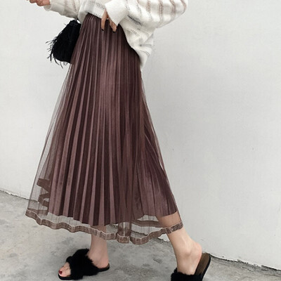 

Fashion Women Skirt Spring Autumn High Waist Pleated Solid Color Half Length Elastic Skirt Promotions Lady Skirt