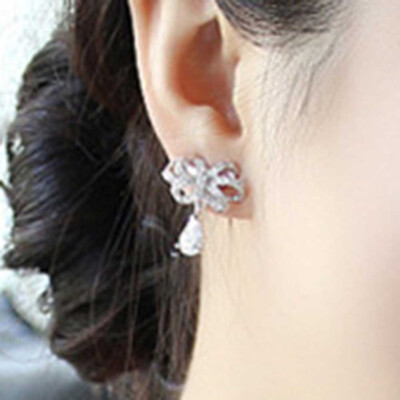 

Diamond Fine Jewelry Silver AAA Zircon Water Drop Bow Earrings Real Silver Plated Earrings