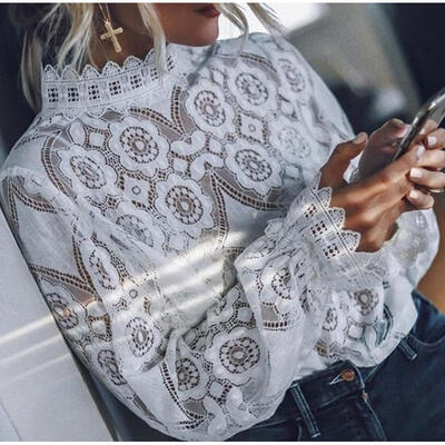 

Womens Elegant Lace Hollow Lantern Sleeve Tops Blouse Casual Shirt Pullover
