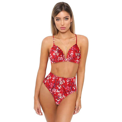 

Sexy Printed Bra Bikini Womens Tube Top Sling High Waist Triangle Split Swimsuit