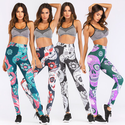 

Sexy Women Yoga Sports Leggings Floral Skull Head Diamond Print High Waist Workout Running Skinny Slim Fitness Pants