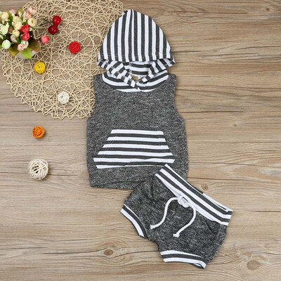 

Toddler Kids Baby Boy Striped Hooded Vest TopsShorts Pants Outfits Clothes Set