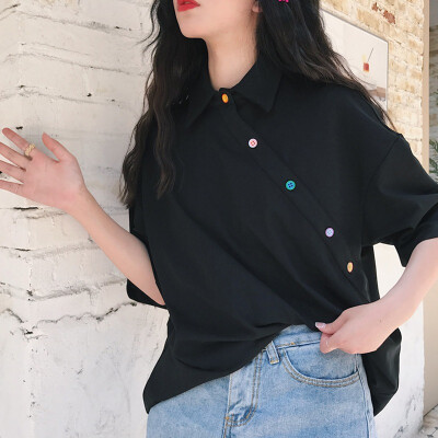 

T-shirt Short Sleeve Women Turn-down Collar Irregular Patchwork Button Up Tops Solid Basic Soft Tops T-shirt