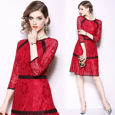

2018 Autumn Red Lace Dress Work Casual Slim Sexy Hollow Out Dresses Women Vintage Party Vestidos