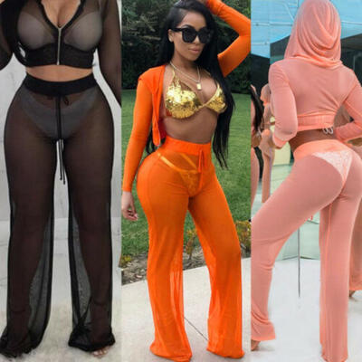 

Sexy Women Beach Mesh Belted Sheer Wide Leg Pants Trousers Bikini Cover Up -XL