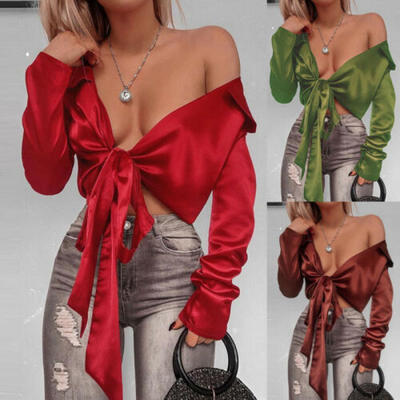 

Womens Fashion Long Sleeve Crop Tops T-Shirt Blouse Casual V-Neck Tops USA