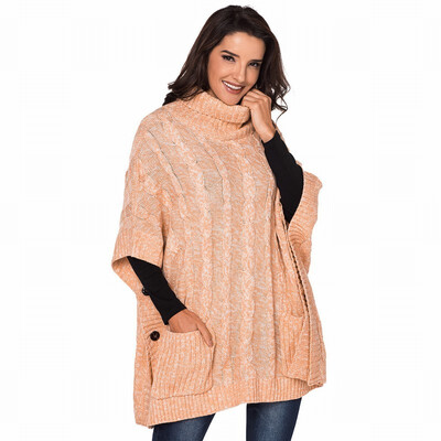 

High collar long sleeve pocket button cloak sweater loose knit sweater