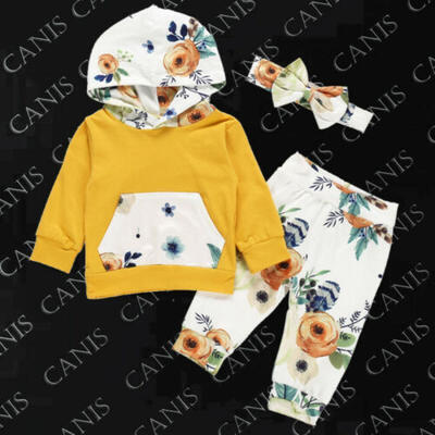 

Newborn Baby Girl Winter Clothes Floral Hooded Tops Long Pants 3PCS Outfits Set