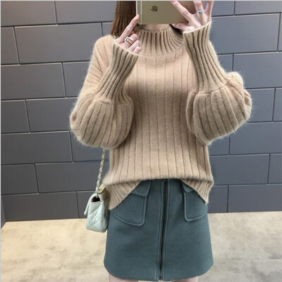 

2018 new autumn&winter extra thick lantern sleeve waist top with bottom blouse top womens loose half high collar