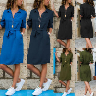 

Womens Summer Party Button Belt Ladies 34 Sleeve Long Smock Midi Sundress New