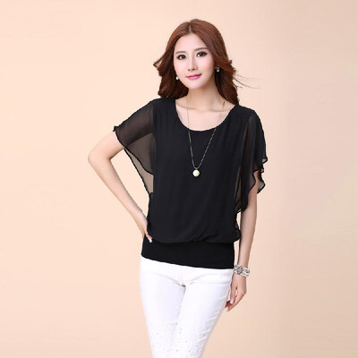 

New Fashion Women T-Shirt Chiffon Overlay Round Neck Short Batwing Sleeve Causal Tee Tops Blouse