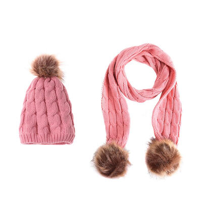 

2pcsset Cute Children Girls Warm Pompom Fleece Casual Twist Hats Scarf
