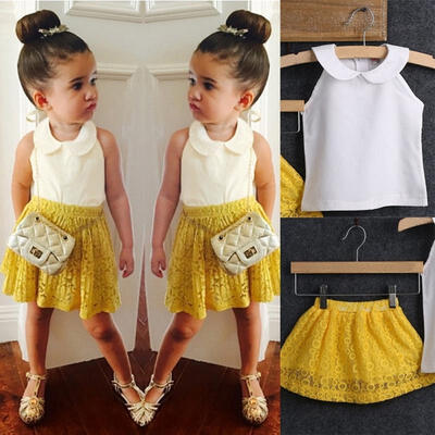 

Kids Baby Girls Sleeveless TopYellow Lace Printing Dress 2Pcs Suit Outfit Set