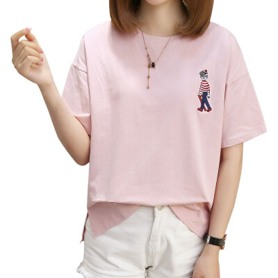 

Cartoon Embroidery Korean Version Half Sleeves T-shirt For Women Casual Loose Round Neck Tops Female Student Girls T-Shirt