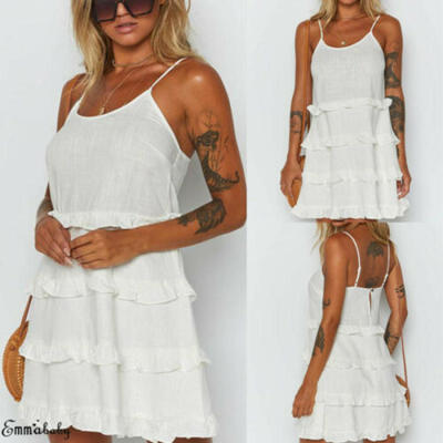 

Women Casual Sleeveless Frill Evening Party Beach Dress Strappy Short Mini Dress