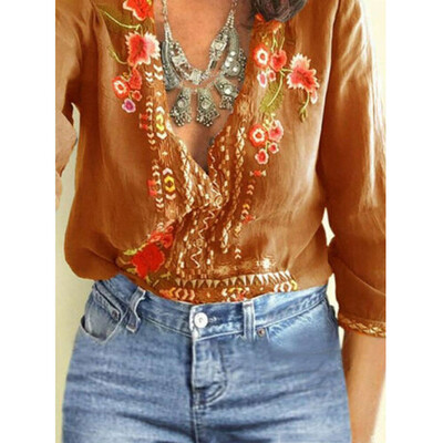 

Women T-Shirt Embroidered Flowers Tee Deep V-Neck Long Sleeve Shirts Top Blouse