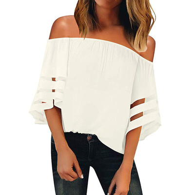 

Nomeni Women Off Shoulder Mesh Panel Blouse 34 Bell Sleeve Loose Top Shirt