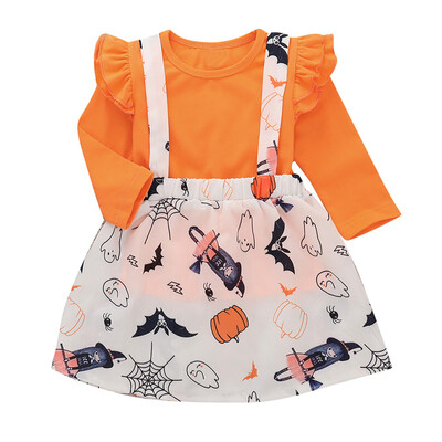 

Toddler Baby Girls Strap Skirt Long Sleeve T-Shirt Ruched Halloween Outfits Set