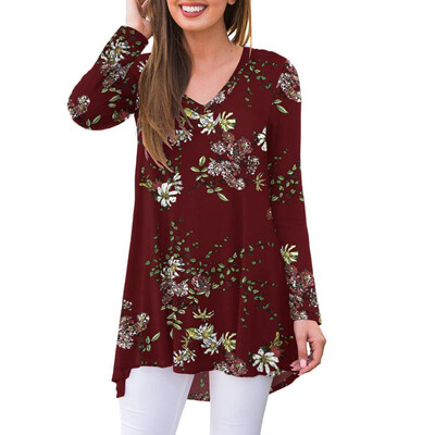 

Tailored Women Casual Floral Print Long Sleeve V-Neck Loose Top T-Shirts Blouse