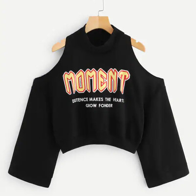 

Tailored Womens long Sleeve Letter Print Pleated Cold Shoulder Blouse Top Black