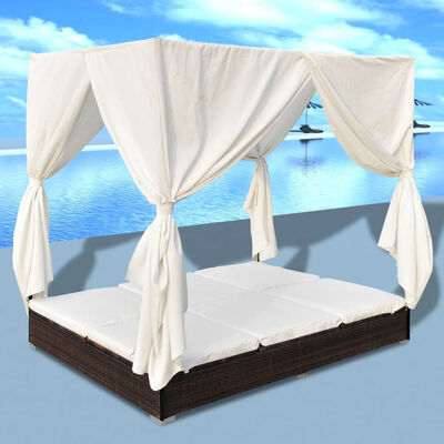 

Outdoor Lounge Bed with Curtains Poly Rattan Brown