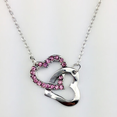 

Women Fashion 925 Sterling Silver Austria Pink Crystal Suit Double Heart Pendant Necklace Jewelry Gifts