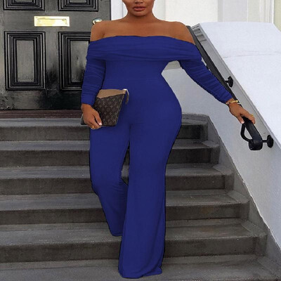 

Stretch Solid Off-the-Shoulder Pleated Sag Flare Maxi Jumpsuit