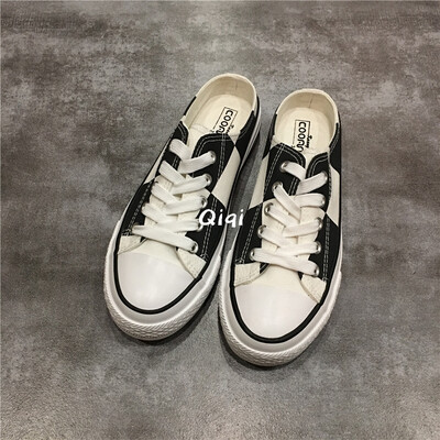

Plaid canvas shoes female students Korean version of half slippers without rear heels children 2019 trendy shoes in summe