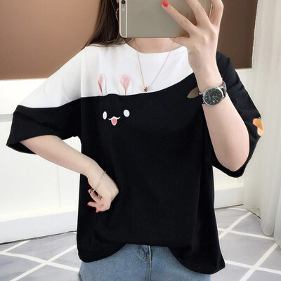 

Womens Round Neck Cartoon Rabbit Print Half Sleeve Loose T-Shirt