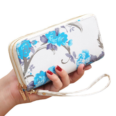 

Women Floral Print 2 Zips Clutches Multi Card Slots Long Wallet Purse Card Bag