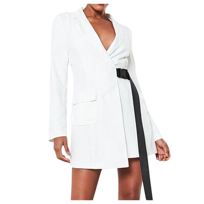 

Toponeto Women Long Sleeve Autumn Slim Deep V-neck Belt Irregular Blazer Coat