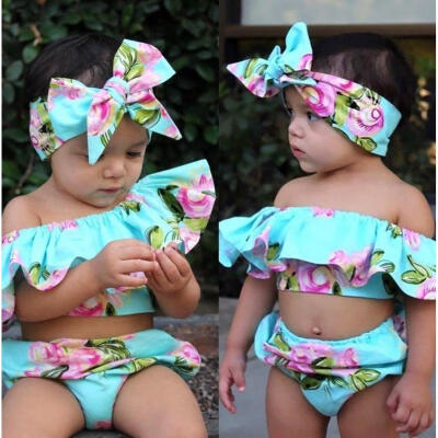 

3Pcs Infant Baby Girl Off Shoulder Floral Ruffle Tops Romper Shorts hair band Outfits Set