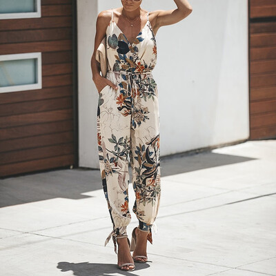 

Women Spaghetti Strap Jumpsuits Playsuit Floral Printed Sexy Rompers Pockets Backless Loose Casual Bodysuits Female