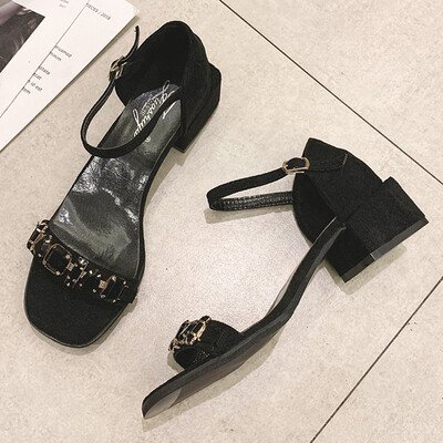 

Sandals female Xia Han edition thick heel water drill open toe one word buckle middle heel high heel student Roman shoes