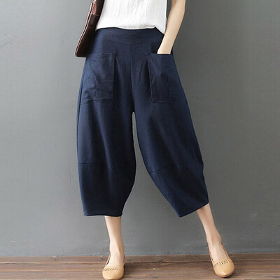 

Tailored Women Casual Elastic Waist Cotton And Linen Solid Loose Haren Wide Leg Pants