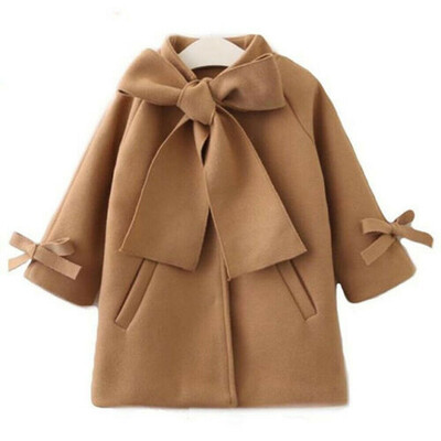

Kids Baby Girls Winter Warm Wool Bowknot Trench Coat Overcoat Outwear Jacket