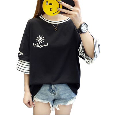 

Korean Half Sleeve T Shirt Women Hip Hop Punk Holes Streetwear Girls Fake 2-Pieces Tshirt Striped Tee Shirts