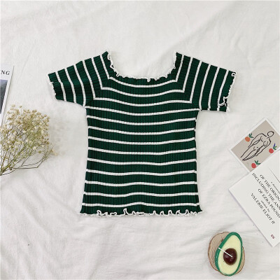 

Womens Slash Neck Striped Tshirts Girl Knitted Short Sleeve Ruffles Summer T-shirt Top for Woman