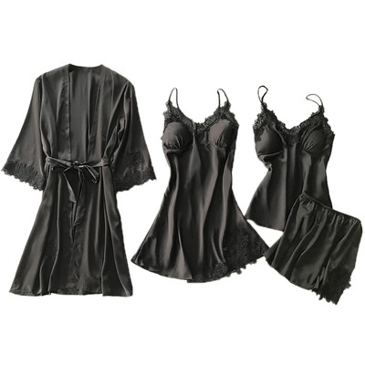 

4 Pieces Women Pajamas Sets Satin Sleepwear Silk Nightwear Pyjama Spaghetti Strap Sleep Pijama Chest Pads For Women