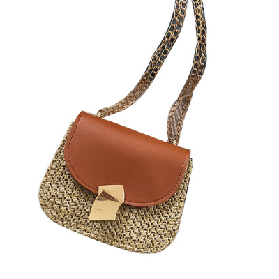 

Womens Straw Weave Faux Leather Patchwork Flap Small Crossbody Shoulder Bag