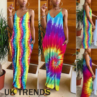 

Womens Holiday Spaghetti Strap V-neck Ladies Maxi Long Summer Boho Beach Dress