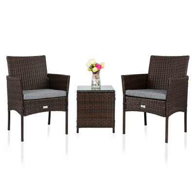 

3-Pieces Set Resin Rattan Wicker Chairs with Cushions&Table Outdoor Garden Patio or Indoor Furniture Brown