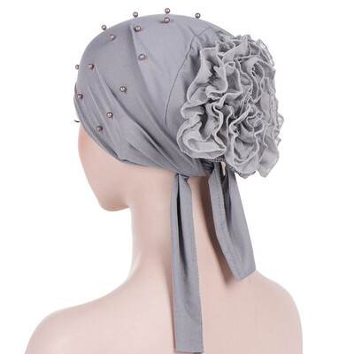 

New Solid Color Beaded Large Flower Stretch Headscarf Muslim Turban Hat Chemo Cap Hair