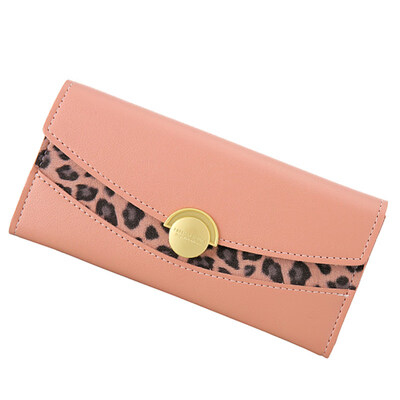 

Womens Leopard Patchwork Round Button Faux Leather Long Wallet Clutch Purse