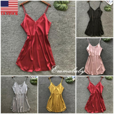 

Womens Satin Silk Strap Sleepwear Nightdress Lingerie Sleeveless Satin Pajamas