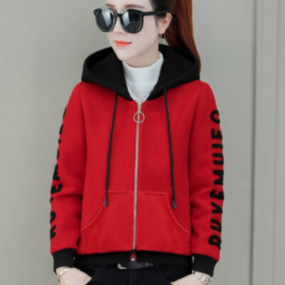 

Autumn Spring Women Korean Red Long Sleeve Hooded Jacket&Coat Elegant 2019 Fashion Harujuku Clothing