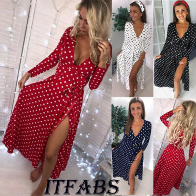 

Boho Women Summer Holiday Polka Dot Maxi Dress V-neck Long Shirt Dress Size 6-14