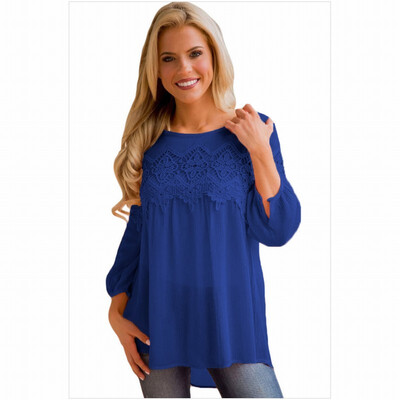 

Solid color lace round neck long sleeve lace crochet knit casual straight top